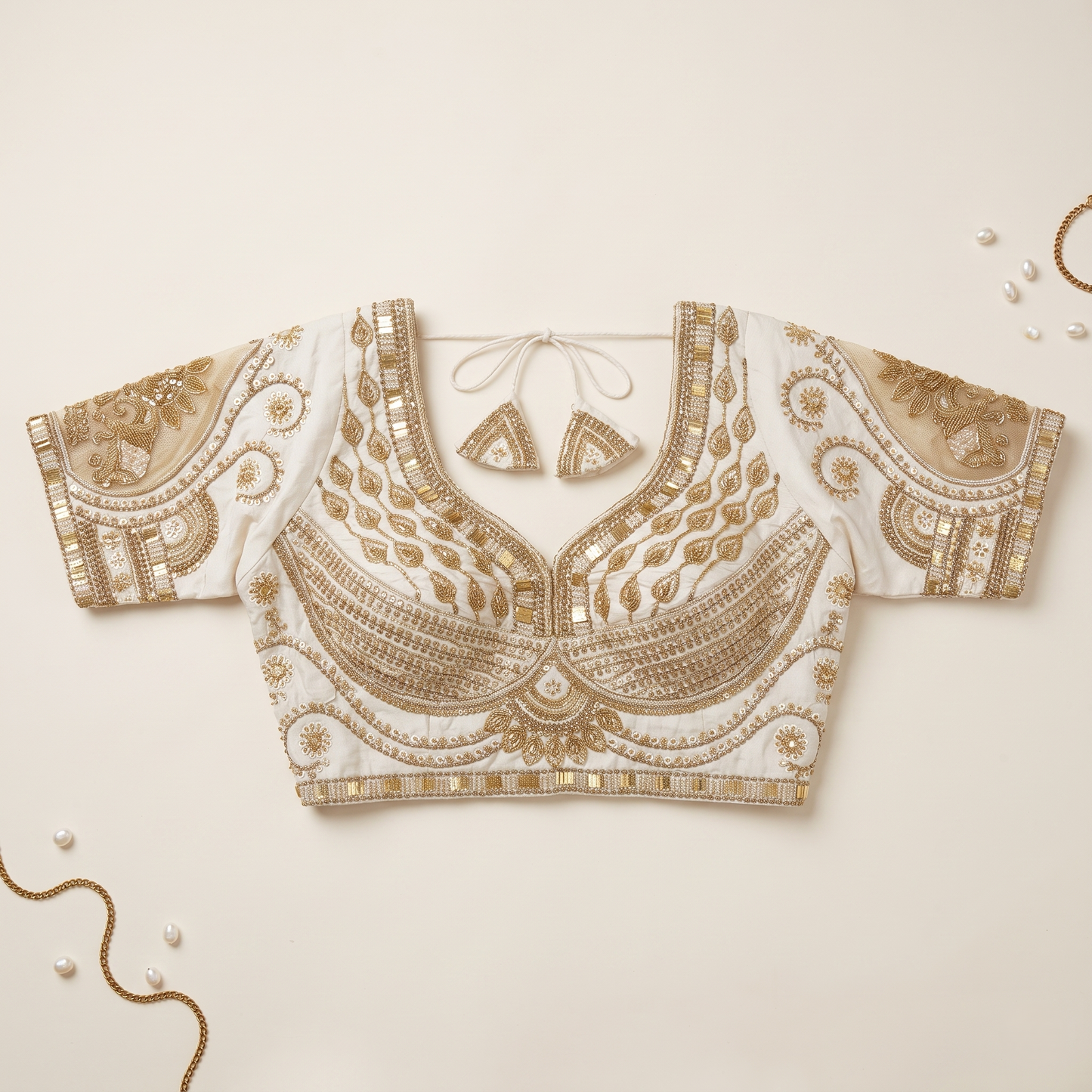 White Hand-Embroidered Zari & Sequin Bridal Blouse with Sheer Net Sleeves