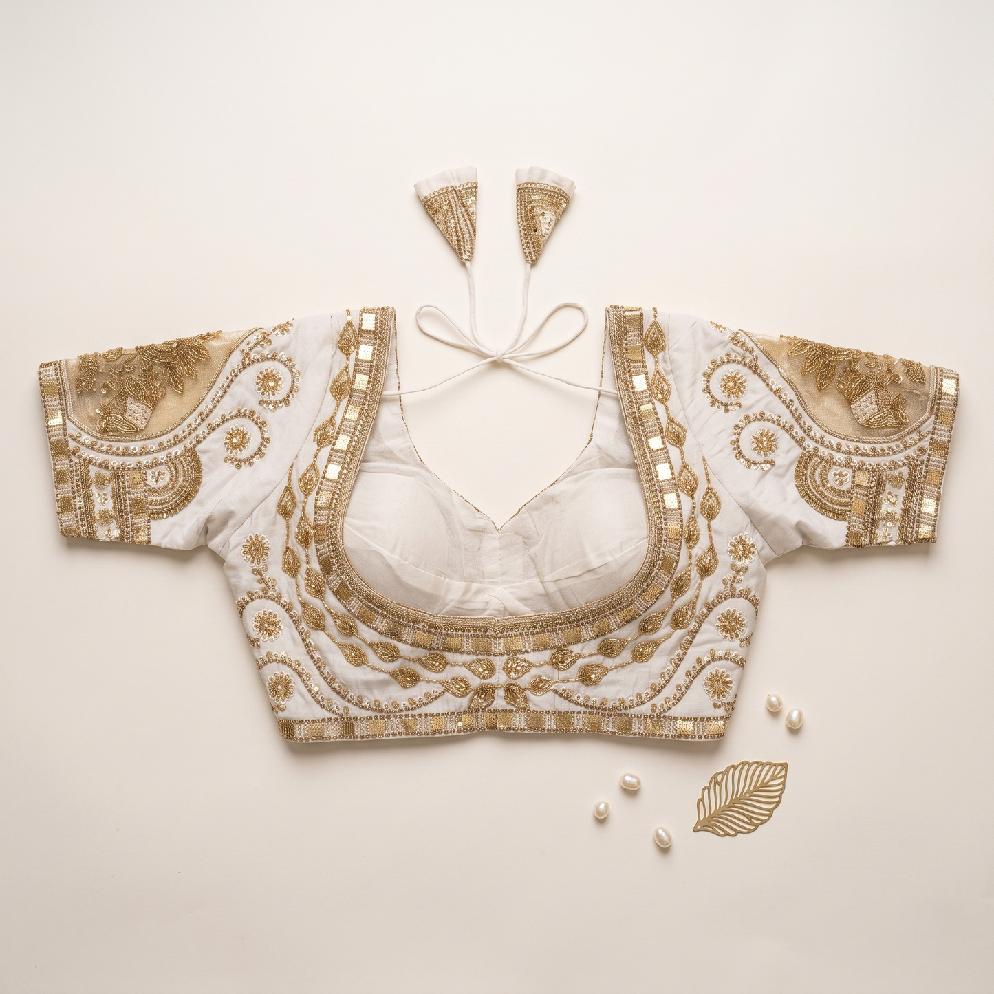 White Hand-Embroidered Zari & Sequin Bridal Blouse with Sheer Net Sleeves