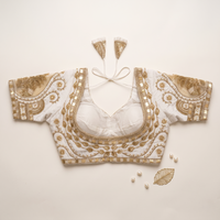 White Hand-Embroidered Zari & Sequin Bridal Blouse with Sheer Net Sleeves
