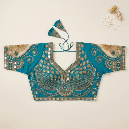 Rama Hand-Embroidered Zari & Sequin Bridal Blouse with Sheer Net Sleeves
