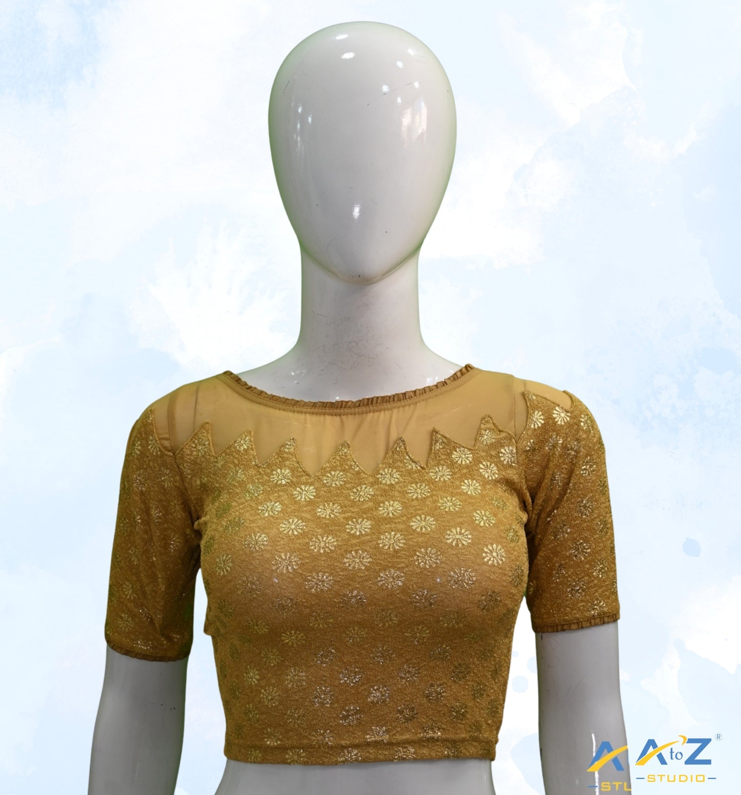 Dark Chiku Crush Blouse with Golden Flower & Net