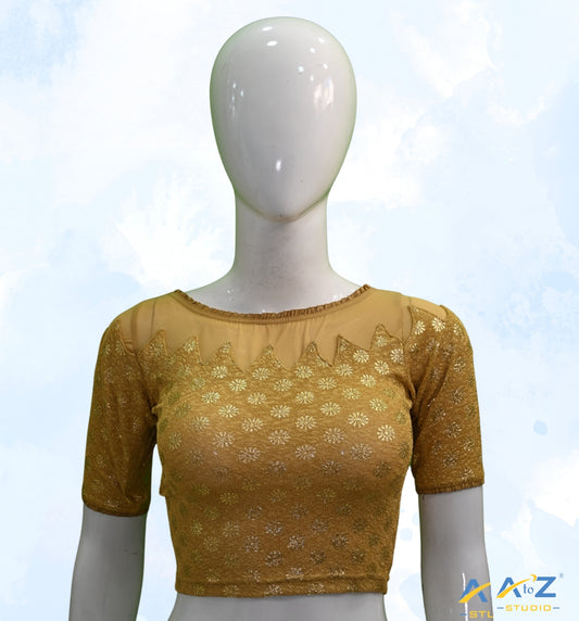 Dark Chiku Crush Blouse with Golden Flower & Net