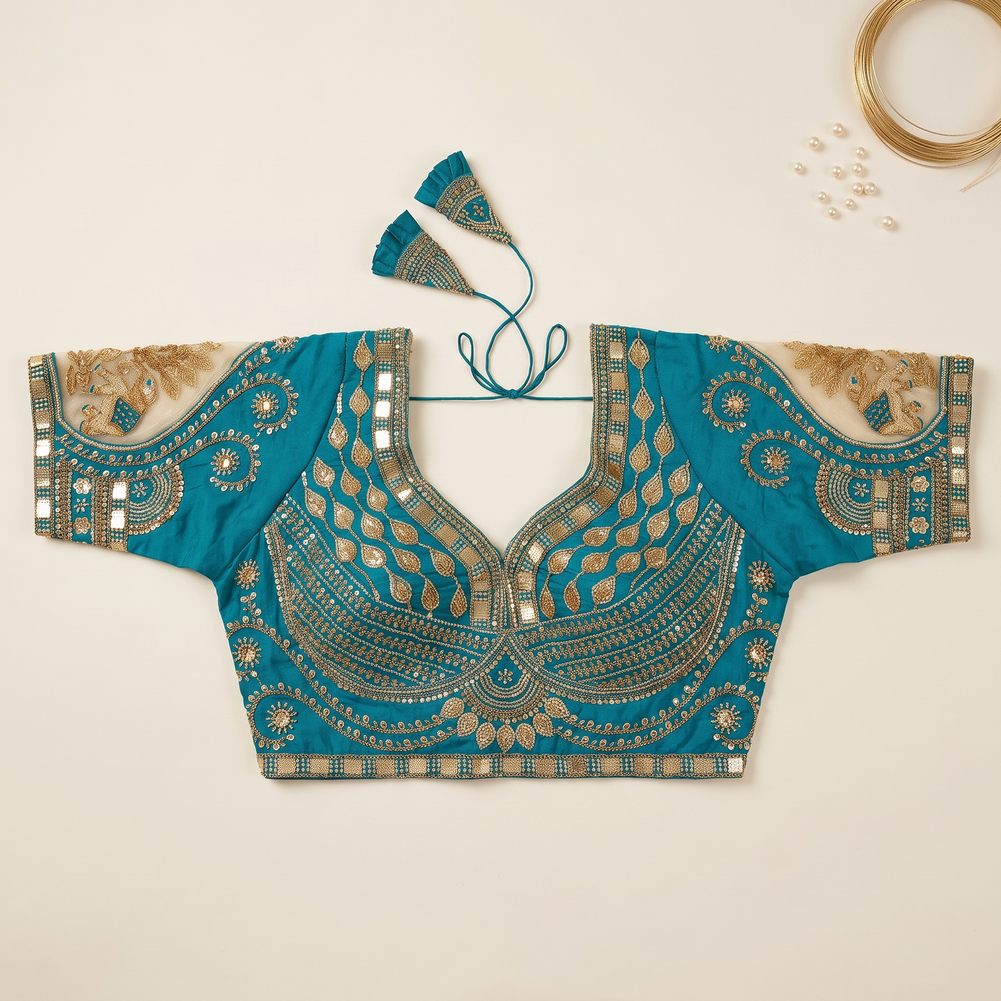 Rama Hand-Embroidered Zari & Sequin Bridal Blouse with Sheer Net Sleeves