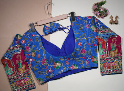 Royal Blue Silk Saree Blouse with Intricate Traditional Royal Figure Sleeves