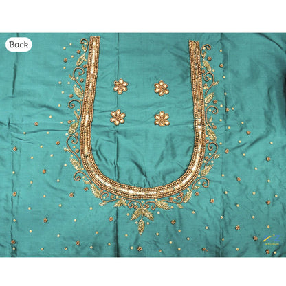 Sea Green Silk Blouse Piece With Aari Work (Gold Work)