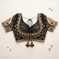 Black Hand-Embroidered Zari & Sequin Bridal Blouse with Sheer Net Sleeves