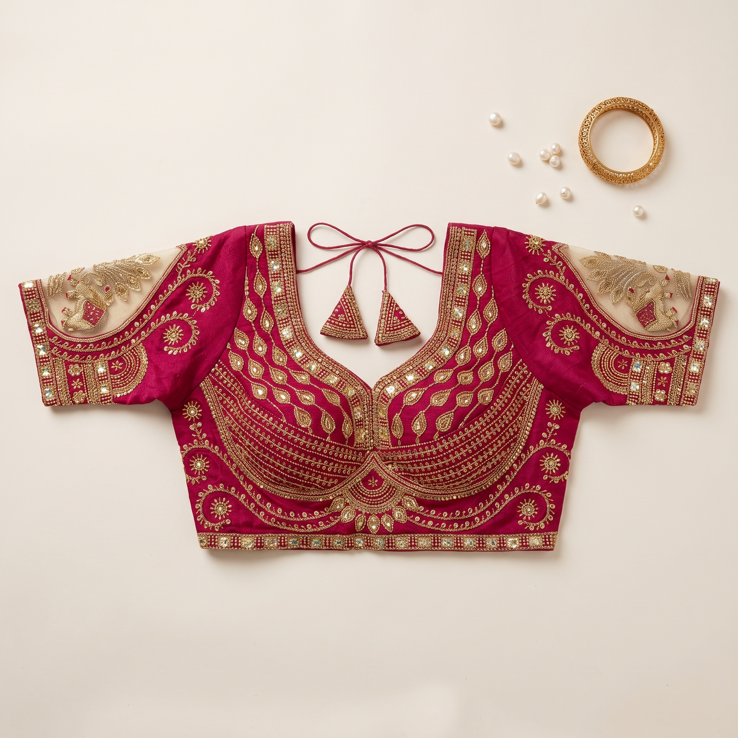 Rani Hand-Embroidered Zari & Sequin Bridal Blouse with Sheer Net Sleeves