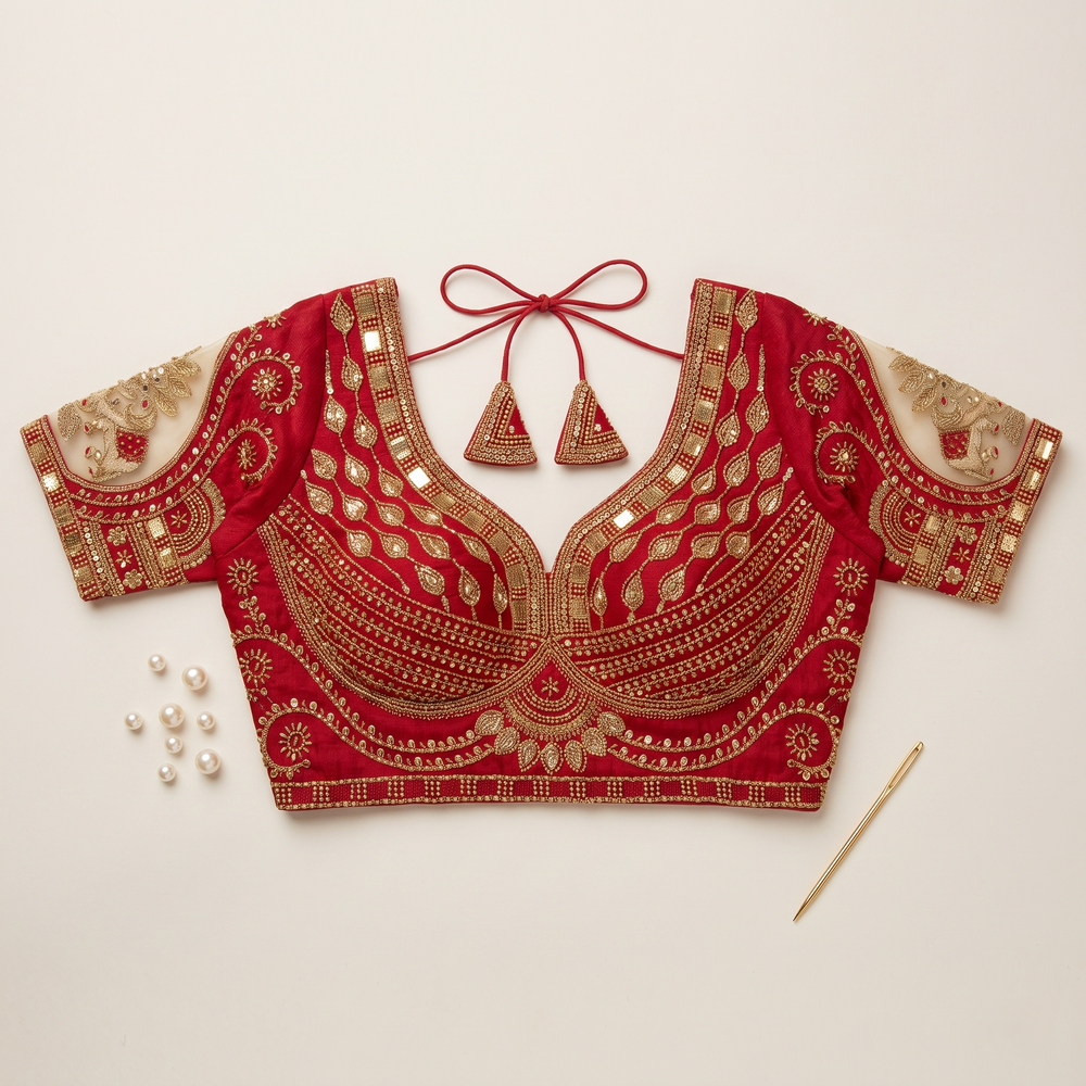 Red Hand-Embroidered Zari & Sequin Bridal Blouse with Sheer Net Sleeves