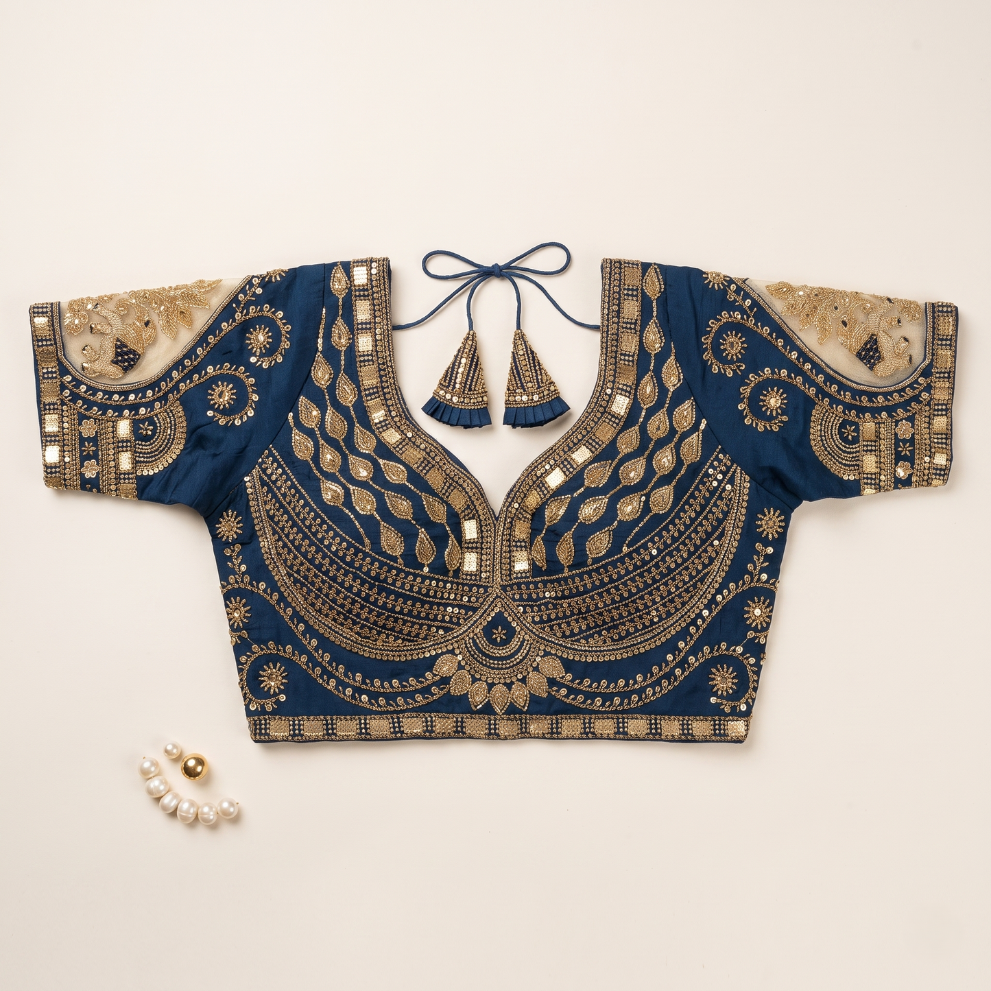 Peacock Blue Hand-Embroidered Zari & Sequin Bridal Blouse with Sheer Net Sleeves