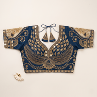 Peacock Blue Hand-Embroidered Zari & Sequin Bridal Blouse with Sheer Net Sleeves