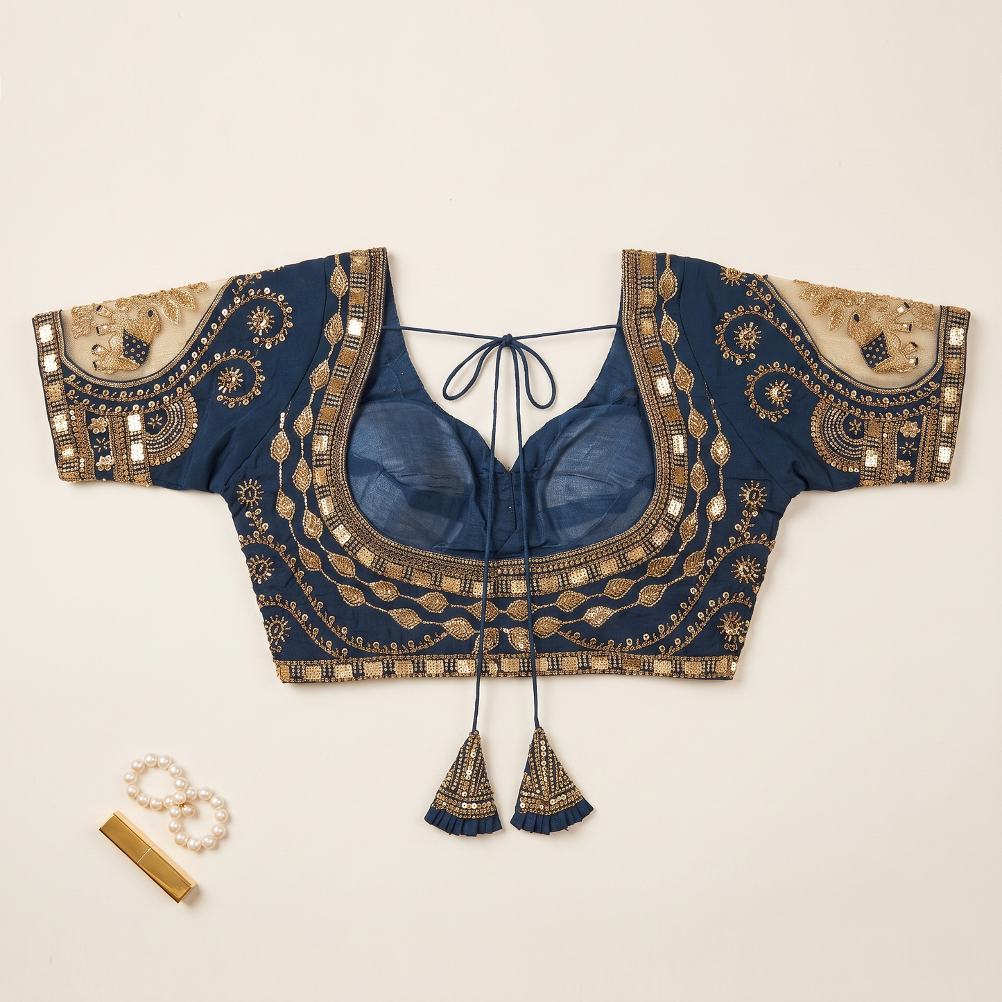Peacock Blue Hand-Embroidered Zari & Sequin Bridal Blouse with Sheer Net Sleeves
