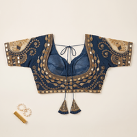 Peacock Blue Hand-Embroidered Zari & Sequin Bridal Blouse with Sheer Net Sleeves