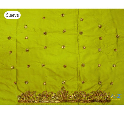 Light Parrot Green Silk Blouse Piece With Aari Work