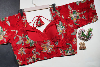Red Velvet Floral Zardozi Blouse with Tassels