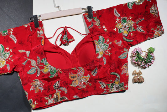 Red Velvet Floral Zardozi Blouse with Tassels