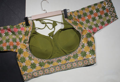 Green and Mustard Patchwork Embroidered Blouse