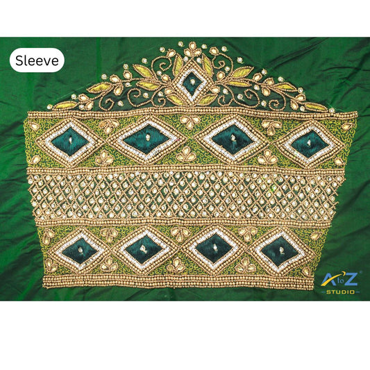 Dark Forest Green Silk Blouse Piece With Aari Work