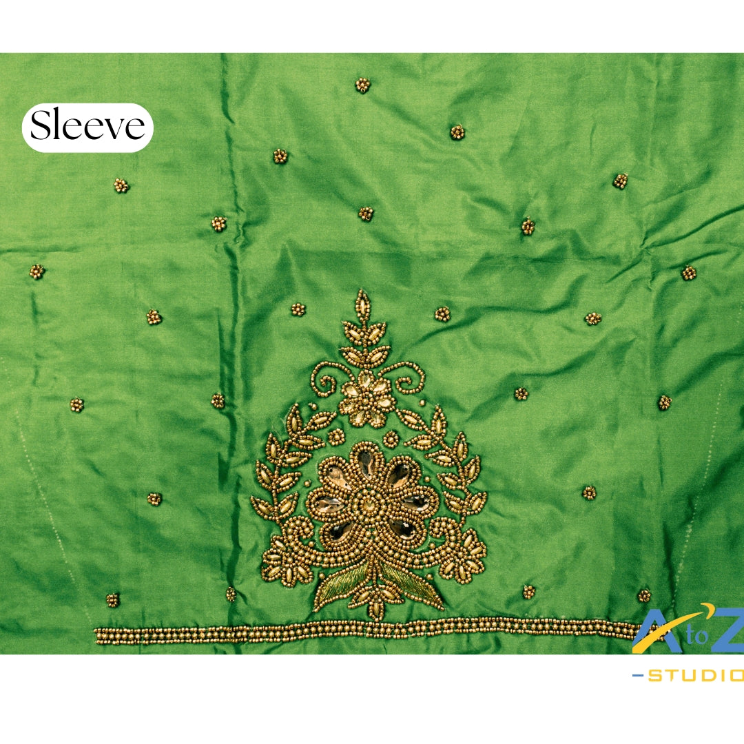 Light Leaf Green Silk Blouse Piece With Aari Work