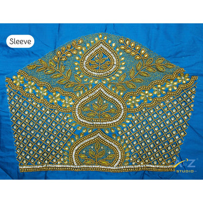 Dark Peacock Blue Silk Blouse Piece With Aari Work