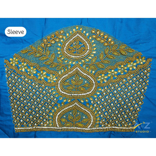 Dark Peacock Blue Silk Blouse Piece With Aari Work