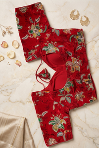 Red Velvet Floral Zardozi Blouse with Tassels