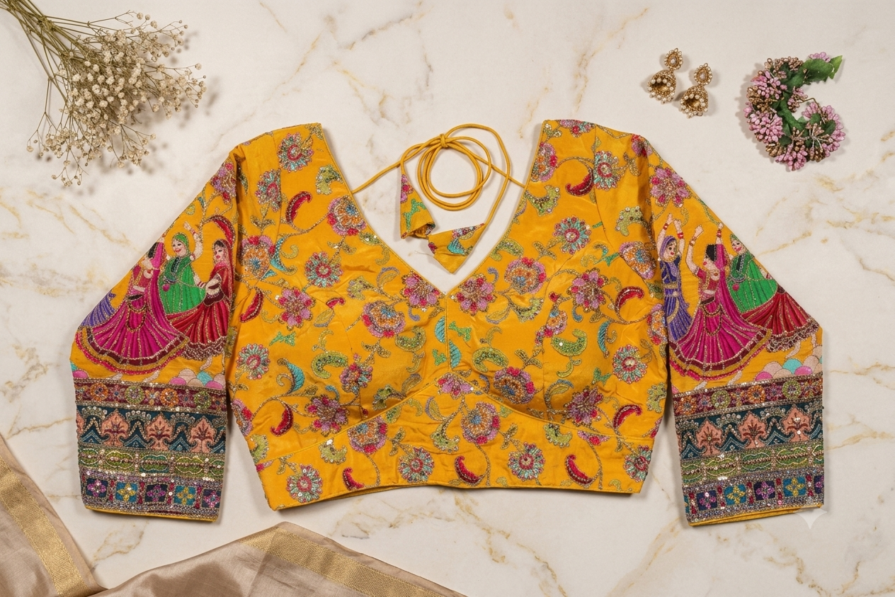 Mustard Yellow Silk Saree Blouse with Traditional Garba Dancer Embroidered Sleeves