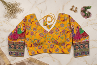 Mustard Yellow Silk Saree Blouse with Traditional Garba Dancer Embroidered Sleeves