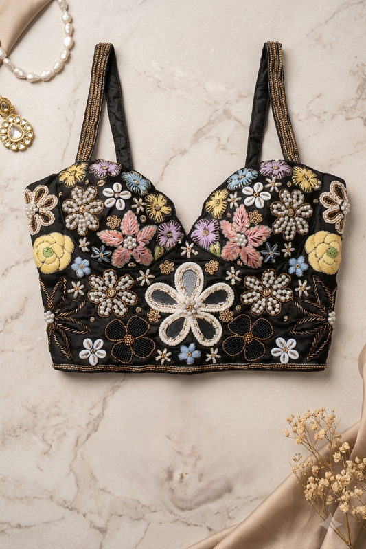 Black Satin Corset Blouse with Multicolor 3D Floral Embroidery & Lace-Up Detail