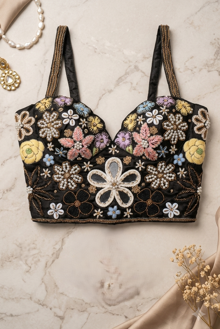 Black Satin Corset Blouse with Multicolor 3D Floral Embroidery & Lace-Up Detail