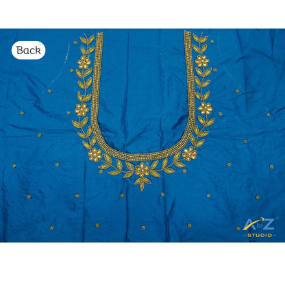 Dark Peacock Blue Silk Blouse Piece With Aari Work
