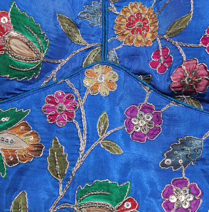 Royal Blue Silk Saree Blouse with Intricate Traditional Royal Figure Sleeves
