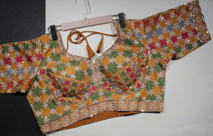 Mustard Ochre Geometric Patchwork Blouse with Dori Tie-Back
