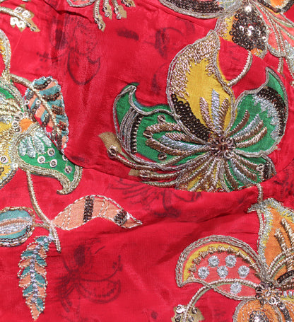 Red Velvet Floral Zardozi Blouse with Tassels