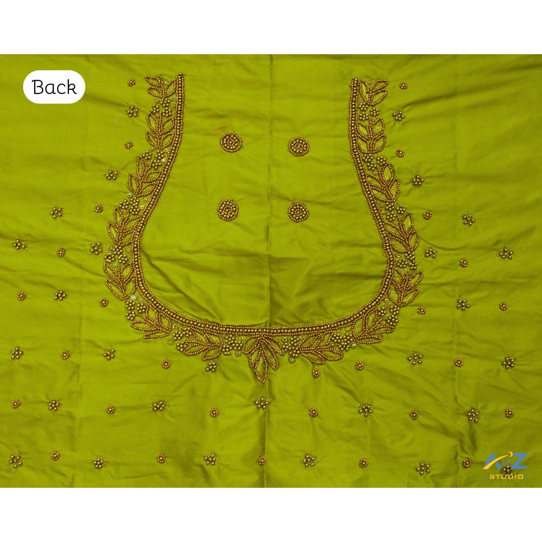 Light Parrot Green Silk Blouse Piece With Aari Work