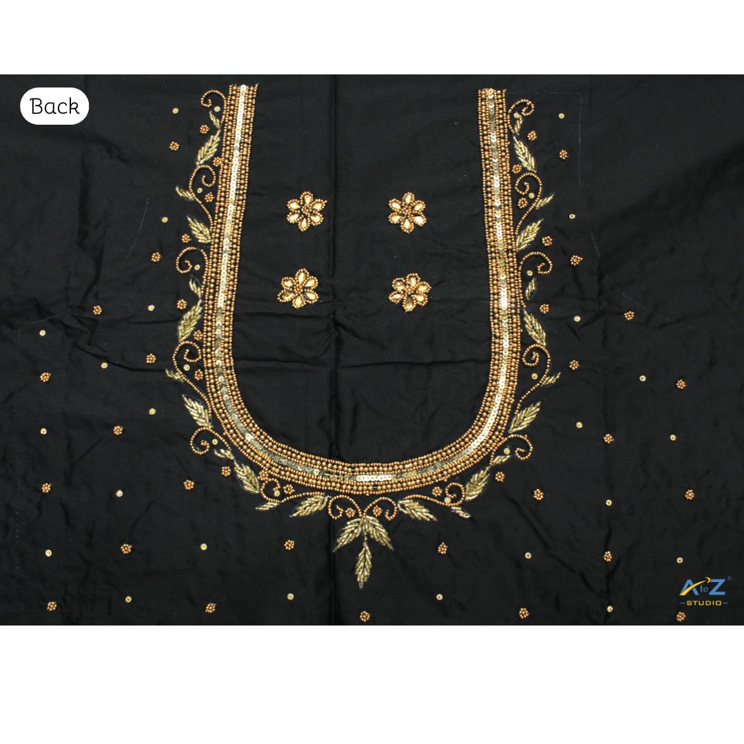 Black Silk Blouse Piece With Aari Work (Gold Work)