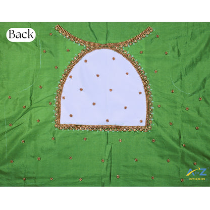 Light Leaf Green Silk Blouse Piece With Aari Work