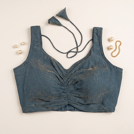 Teal-Grey Metallic Dust V-Neck Padded Saree Blouse with Dori Tie-Back