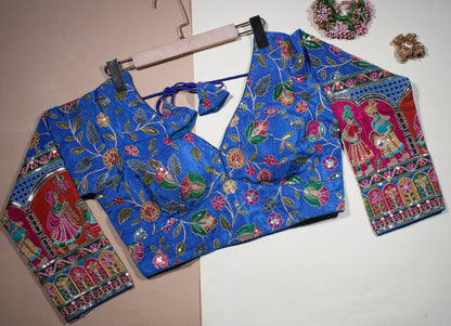 Royal Blue Silk Saree Blouse with Intricate Traditional Royal Figure Sleeves