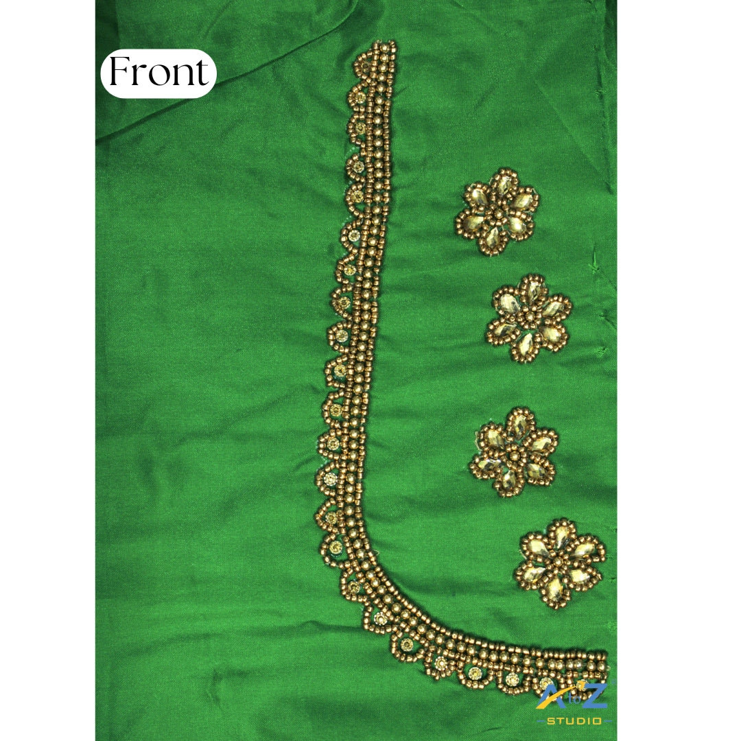Light Leaf Green Silk Blouse Piece With Aari Work