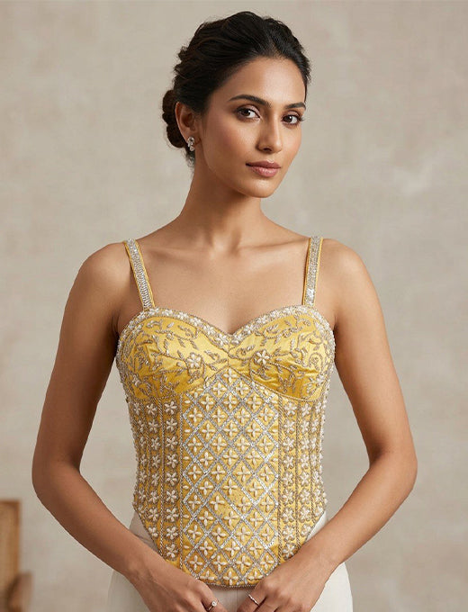 Yellow Silver Embroidered Designer Corset Blouse