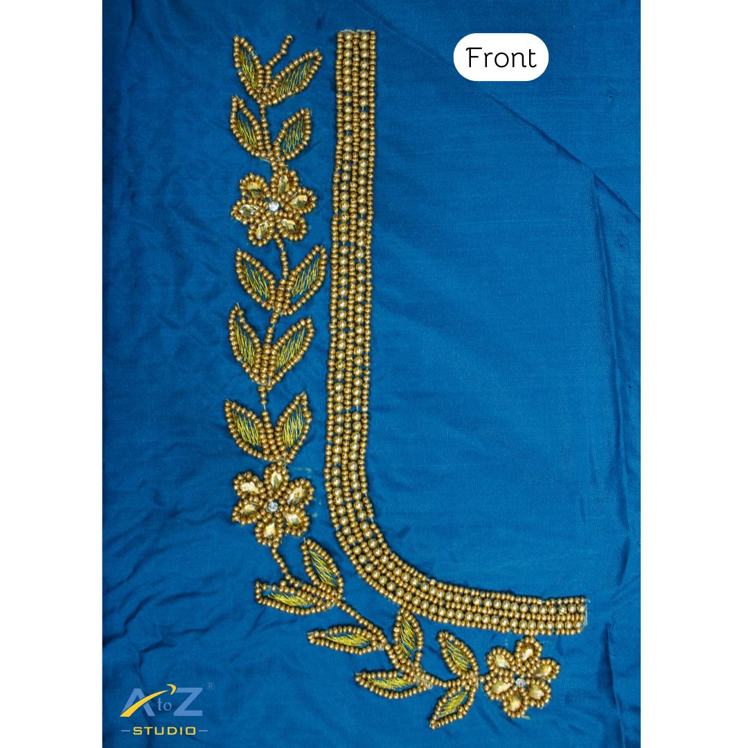 Dark Peacock Blue Silk Blouse Piece With Aari Work