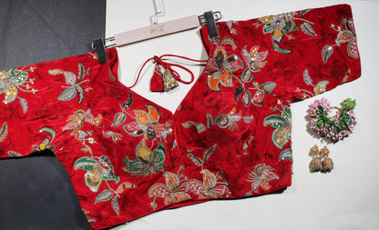 Red Velvet Floral Zardozi Blouse with Tassels