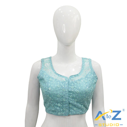 Light Aqua Blue Embroidered Blouse with Sheer Neckline