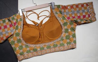 Mustard Ochre Geometric Patchwork Blouse with Dori Tie-Back