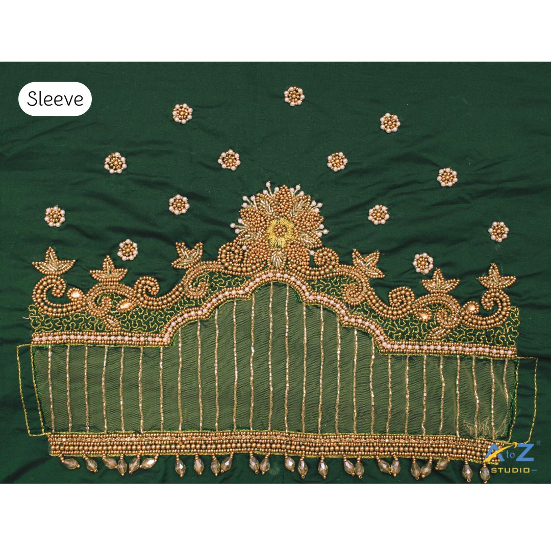 Dark Forest Green Silk Blouse Piece With Aari Work