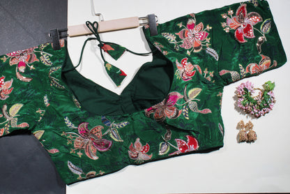 Green Velvet Heavy Embroidered Festive Blouse