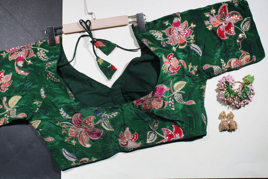 Green Velvet Heavy Embroidered Festive Blouse