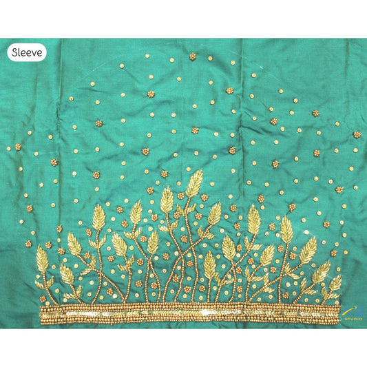 Dark Rama Green Silk Blouse Piece With Aari Work (Gold Work)