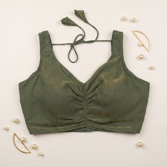 Army Green Metallic Dust V-Neck Padded Saree Blouse with Dori Tie-Back