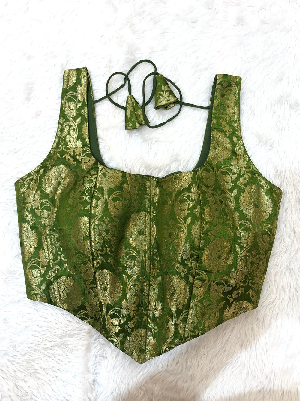 Green Jacquard Crop Blouse with Dori Details